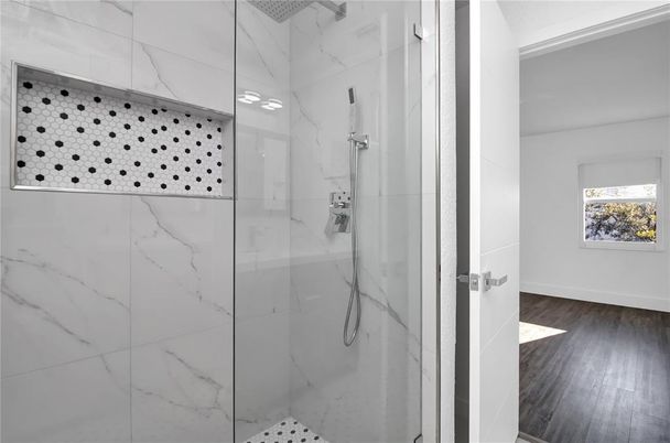 Bathroom, Glass Shower, Interior, Marble Walls, Wood Texture Flooring