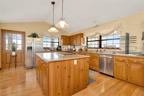 Interior, Kitchen, Pendant Lights, Stainless Steel Appliances, Wood Texture Flooring