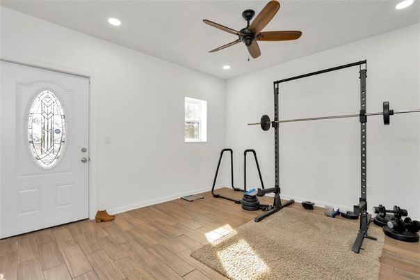 Fitness Equipment, Interior, Recessed Lighting, Wood Texture Flooring