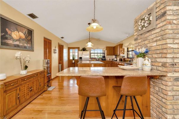 Interior, Kitchen, Pendant Lights, Stone Walls, Wood Texture Flooring