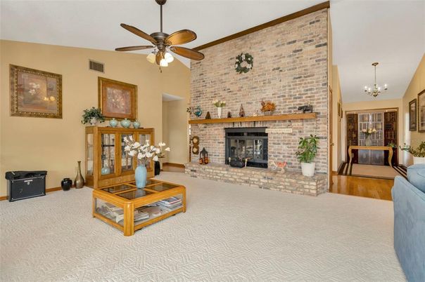 Chandelier, Fireplace, Interior, Stone Walls, Wood Texture Flooring