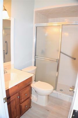 Bathroom, Glass Shower, Interior, Wood Texture Flooring