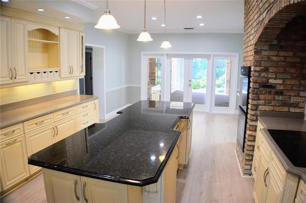 Interior, Kitchen, Pendant Lights, Recessed Lighting, Stone Walls, Wood Texture Flooring