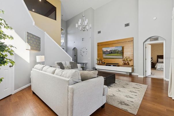 Chandelier, Interior, Living room, Wood Texture Flooring