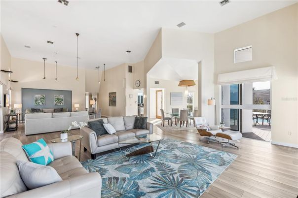 Dining room, Interior, Living room, Pendant Lights, Wood Texture Flooring
