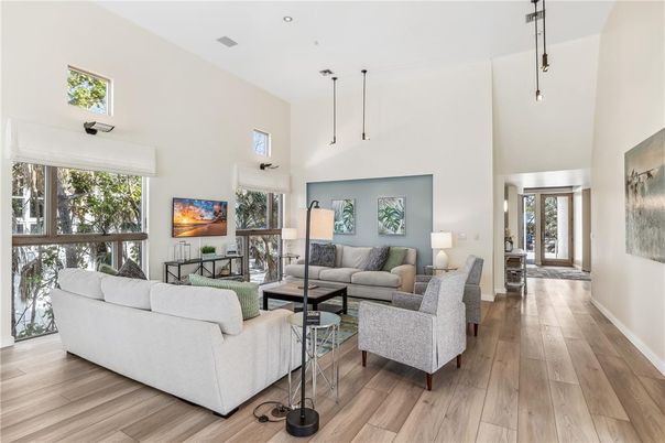 Interior, Living room, Pendant Lights, Recessed Lighting, Wood Texture Flooring