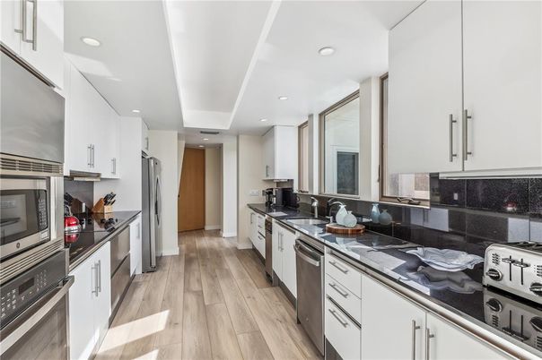 Interior, Kitchen, Recessed Lighting, Stainless Steel Appliances, Wood Texture Flooring