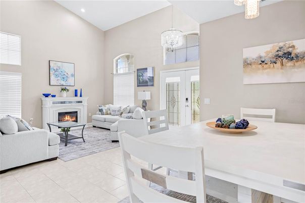 Dining room, Fireplace, Interior, Living room, Pendant Lights, Recessed Lighting
