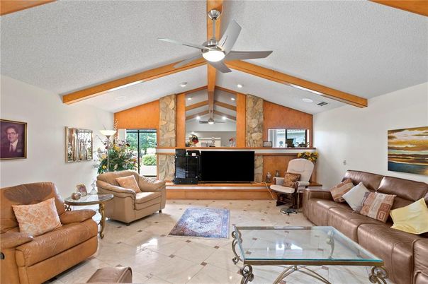 Fireplace, Interior, Living room, Recessed Lighting, Wooden Beams