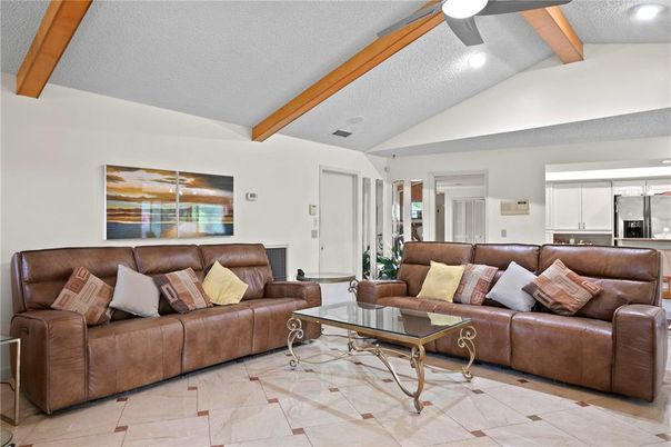 Interior, Kitchen, Living room, Recessed Lighting, Stainless Steel Appliances, Wooden Beams