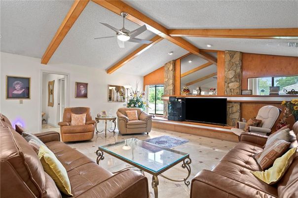 Interior, Living room, Recessed Lighting, Stone Walls, Wooden Beams