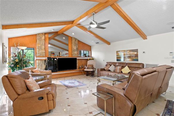 Fireplace, Interior, Living room, Recessed Lighting, Wooden Beams