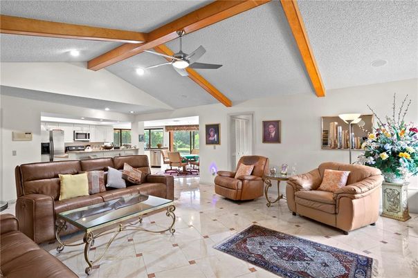 Interior, Kitchen, Living room, Recessed Lighting, Stainless Steel Appliances, Wooden Beams