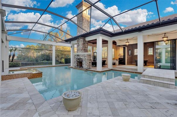 Fireplace, Glass Ceilings, Interior, Pool, Sun Room