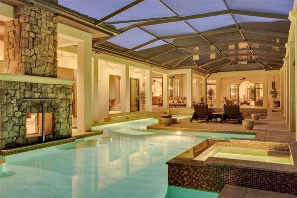Fireplace, Glass Ceilings, Interior, Pool, Sun Room