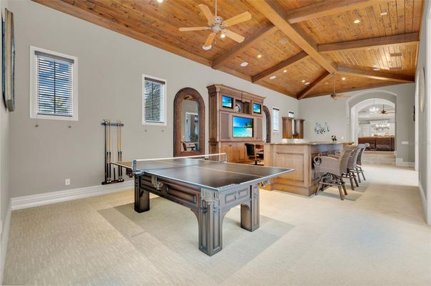 Billiard Table, Game Room, Interior, Recessed Lighting, Wooden Beams, Wooden Ceilings