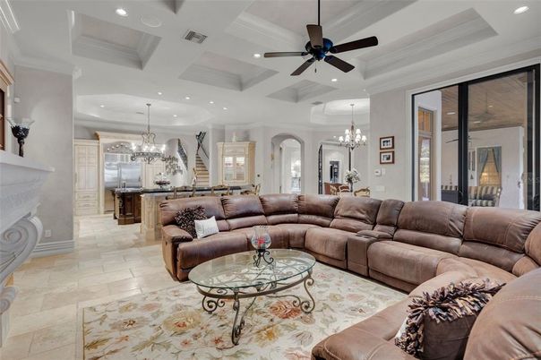 Chandelier, Fireplace, Interior, Kitchen, Living room, Recessed Lighting