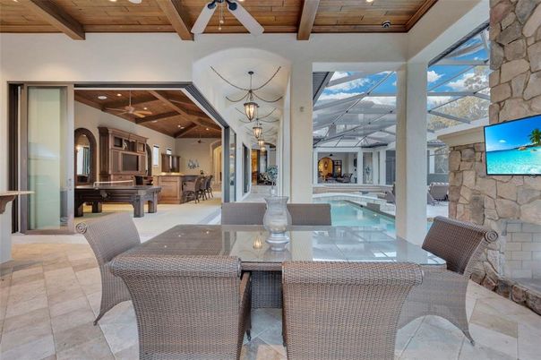 Dining room, Glass Ceilings, Interior, Pendant Lights, Pool, Recessed Lighting, Stone Walls, Wooden Beams, Wooden Ceilings