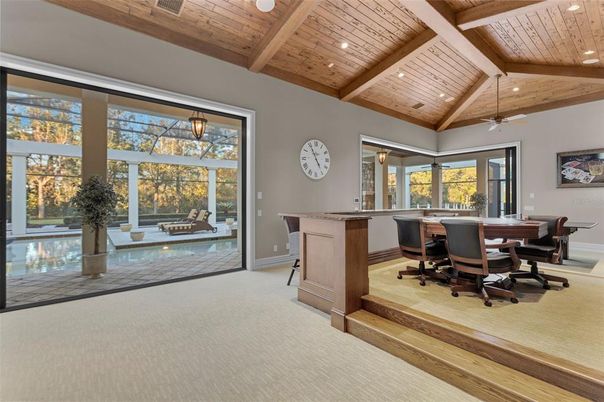 Dining room, Interior, Recessed Lighting, Wooden Beams, Wooden Ceilings