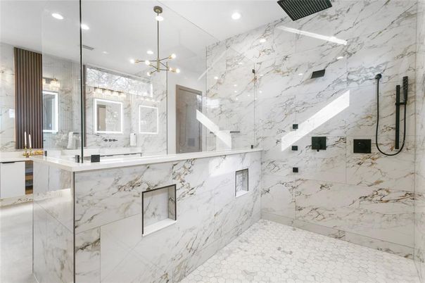 Bathroom, Glass Shower, Interior, Marble Walls, Pendant Lights, Recessed Lighting