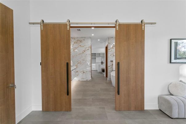 Interior, Kitchen, Marble Walls, Pendant Lights, Recessed Lighting