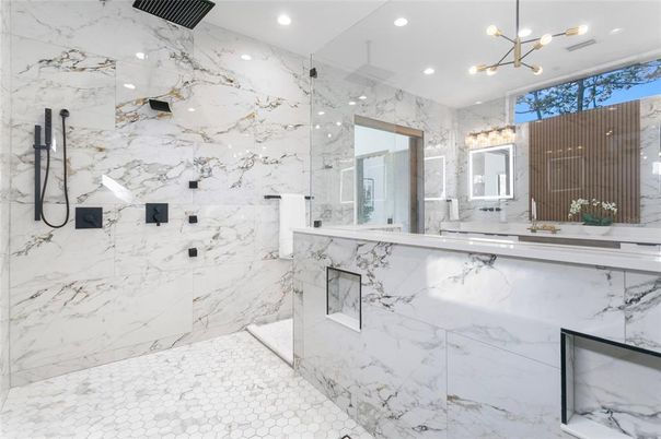 Bathroom, Glass Shower, Interior, Marble Walls, Pendant Lights, Recessed Lighting