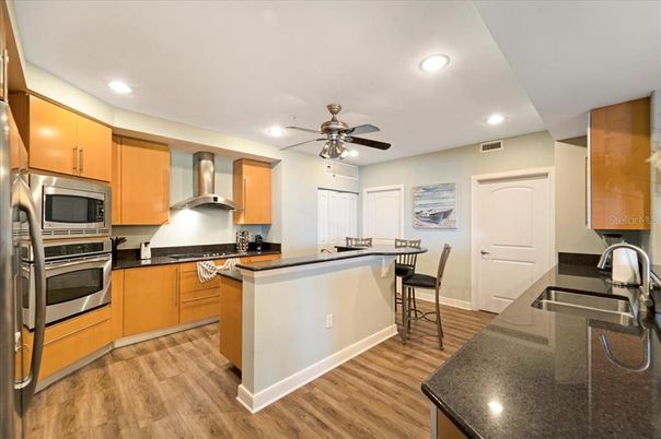 Interior, Kitchen, Recessed Lighting, Stainless Steel Appliances, Wood Texture Flooring