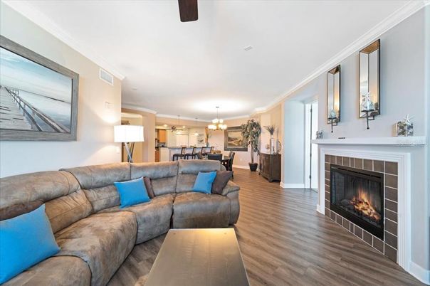 Dining room, Fireplace, Interior, Living room, Pendant Lights, Wood Texture Flooring