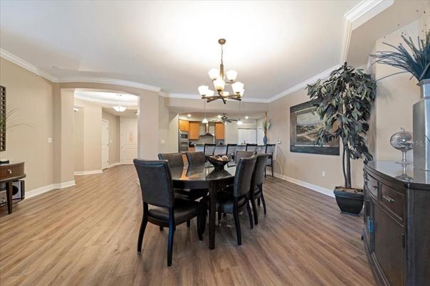 Chandelier, Dining room, Interior, Kitchen, Recessed Lighting, Wood Texture Flooring