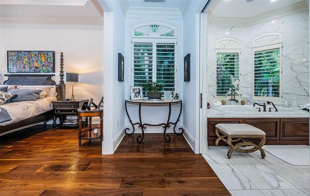 Bathroom, Bedroom, Interior, Marble, Marble Walls, Recessed Lighting, Wood Texture Flooring