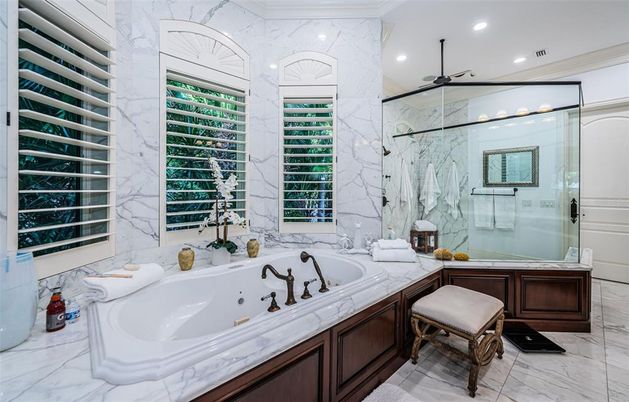 Bathroom, Glass Shower, Interior, Marble, Marble Walls, Recessed Lighting