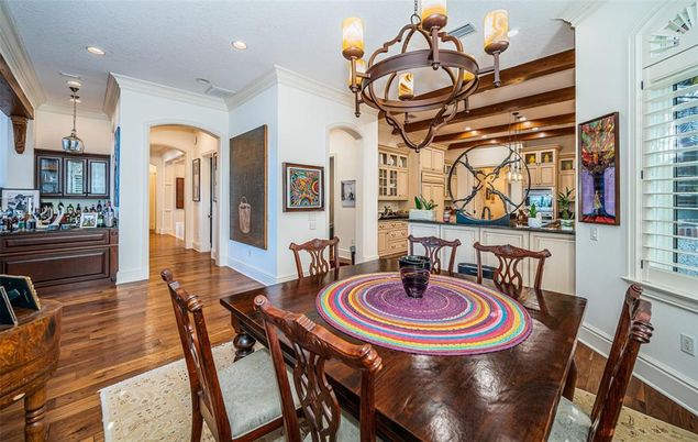 Chandelier, Dining room, Interior, Pendant Lights, Recessed Lighting, Wooden Beams, Wood Texture Flooring