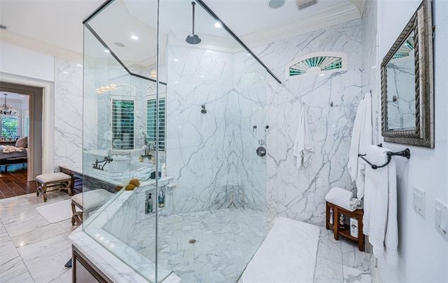 Bathroom, Glass Shower, Interior, Marble, Marble Walls, Recessed Lighting