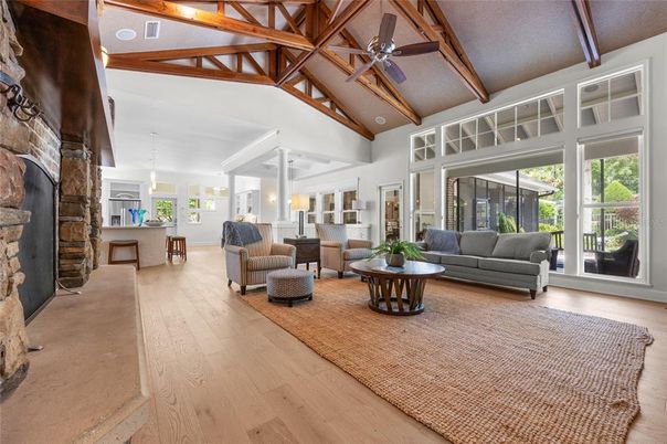 Fireplace, Interior, Living room, Pendant Lights, Stone Walls, Wooden Beams, Wood Texture Flooring