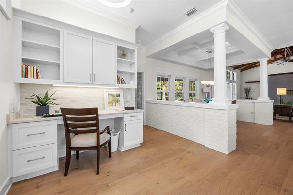 Home Office, Interior, Pendant Lights, Wood Texture Flooring