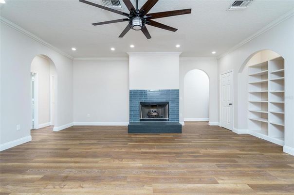 Empty room, Fireplace, Interior, Recessed Lighting, Wood Texture Flooring