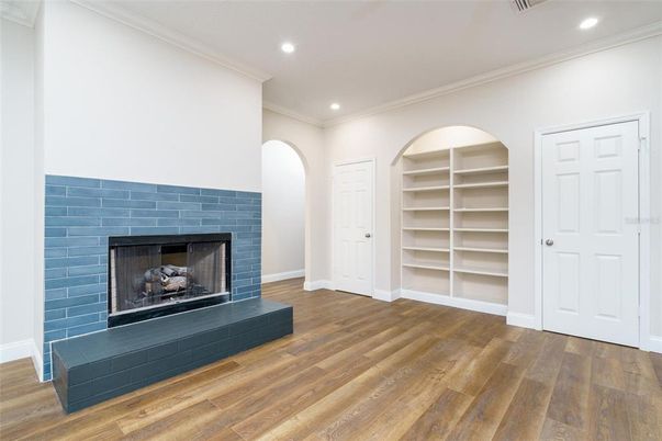 Empty room, Fireplace, Interior, Recessed Lighting, Wood Texture Flooring