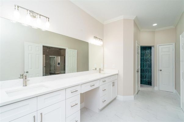 Bathroom, Dual Sink Vanities, Interior, Marble, Recessed Lighting