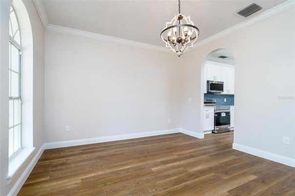 Chandelier, Empty room, Interior, Kitchen, Wood Texture Flooring