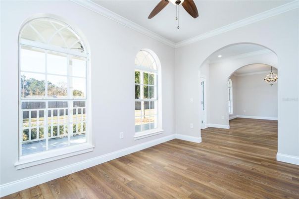 Chandelier, Empty room, Interior, Recessed Lighting, Wood Texture Flooring