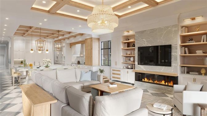 Chandelier, Fireplace, Interior, Kitchen, Living room, Pendant Lights, Recessed Lighting, Wooden Beams