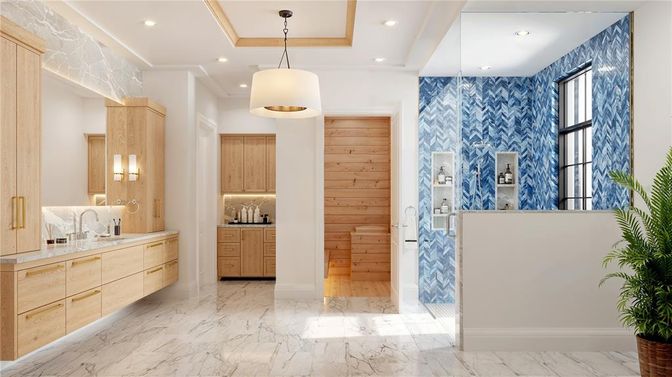 Bathroom, Dual Sink Vanities, Interior, Marble, Pendant Lights, Recessed Lighting, Wooden Walls