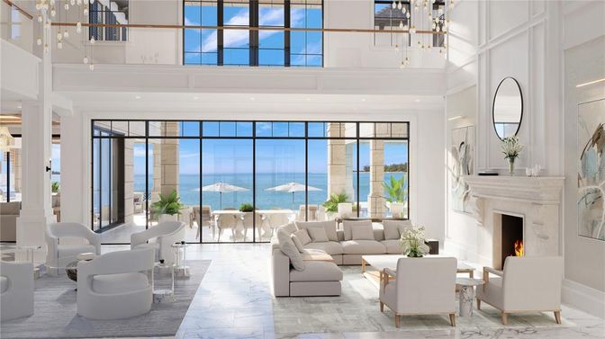 Fireplace, Interior, Living room, Marble, Pendant Lights, Recessed Lighting, Water