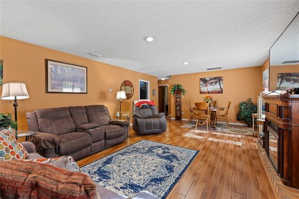 Dining room, Interior, Living room, Recessed Lighting, Wood Texture Flooring