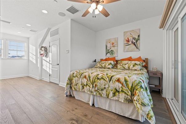 Bedroom, Interior, Recessed Lighting, Wood Texture Flooring