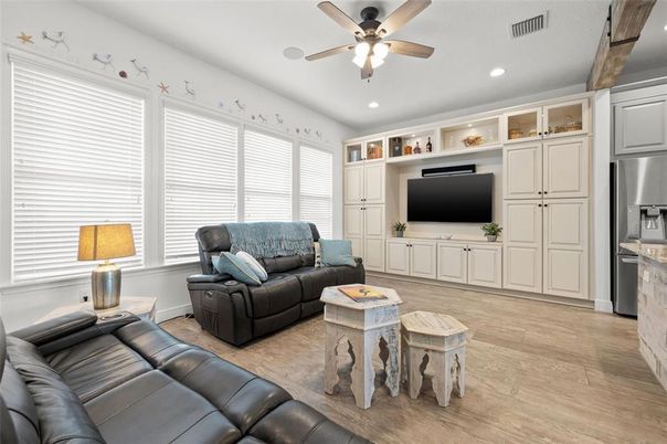 Interior, Kitchen, Living room, Recessed Lighting, Stainless Steel Appliances, Wood Texture Flooring