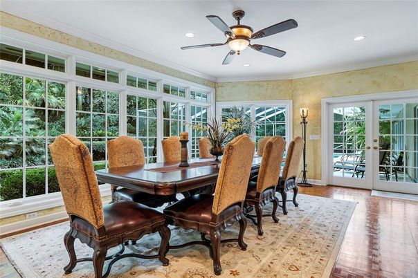 Dining room, Interior, Recessed Lighting, Wood Texture Flooring