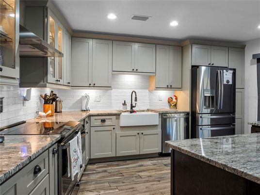 Interior, Kitchen, Recessed Lighting, Stainless Steel Appliances, Wood Texture Flooring