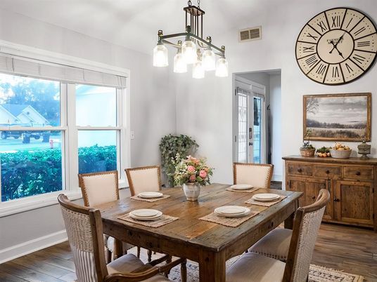 Dining room, Interior, Pendant Lights, Wood Texture Flooring