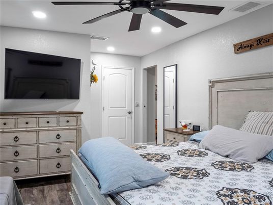 Bedroom, Interior, Recessed Lighting, Wood Texture Flooring